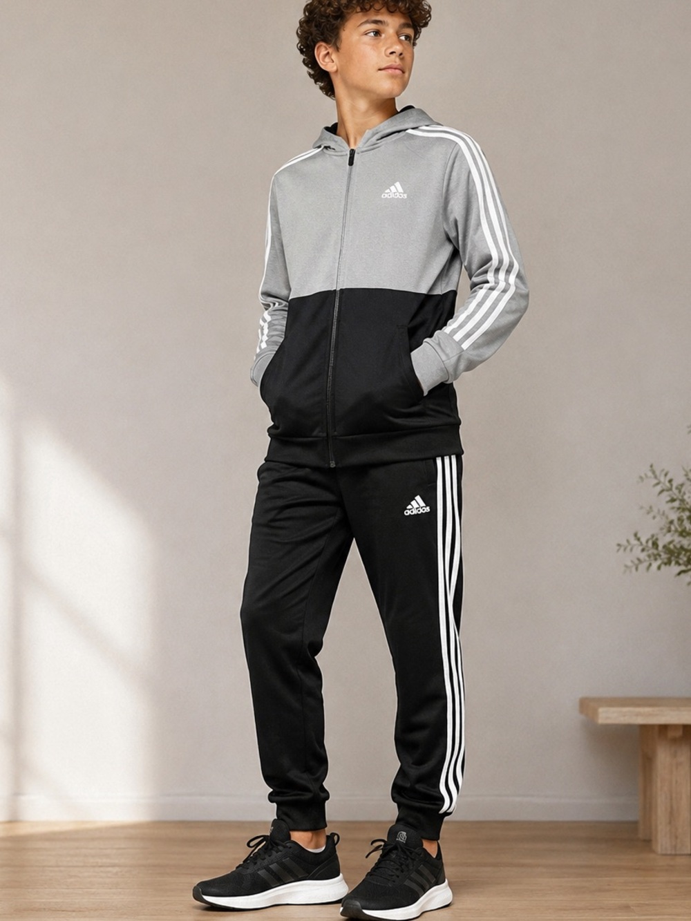 Adidas Youth M 12-14 2 Piece Tracksuit Hoodie Joggers Gray Black 3 Stripe